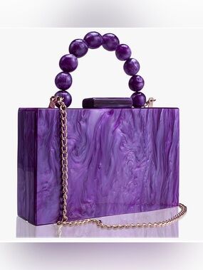 Purple Acrylic Evening Box Clutch with Beaded Handle